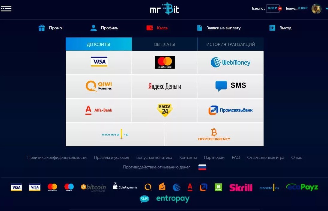 Валюты и транзакции в Mr Bit Club